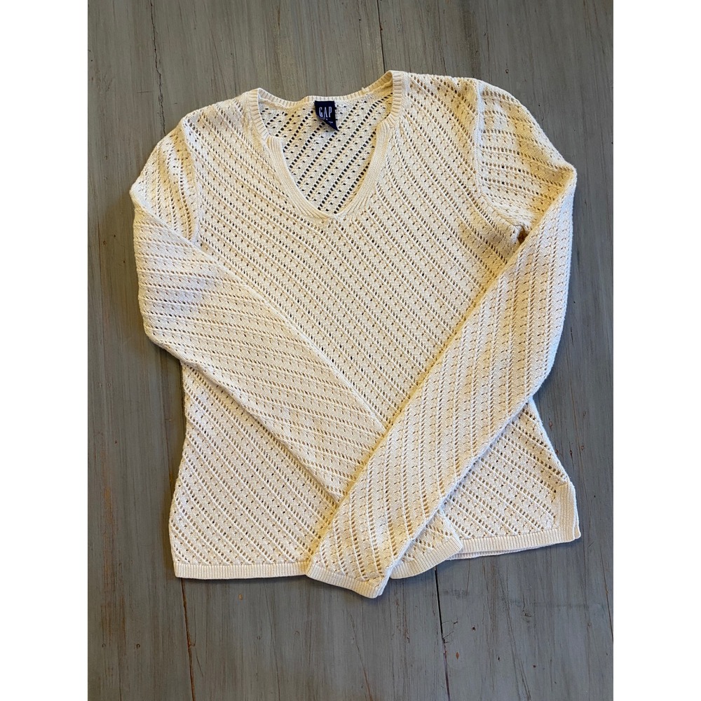 GAP Cream Crochet Knit V Neck Long‎ Sleeve Sweater Top Women's Medium